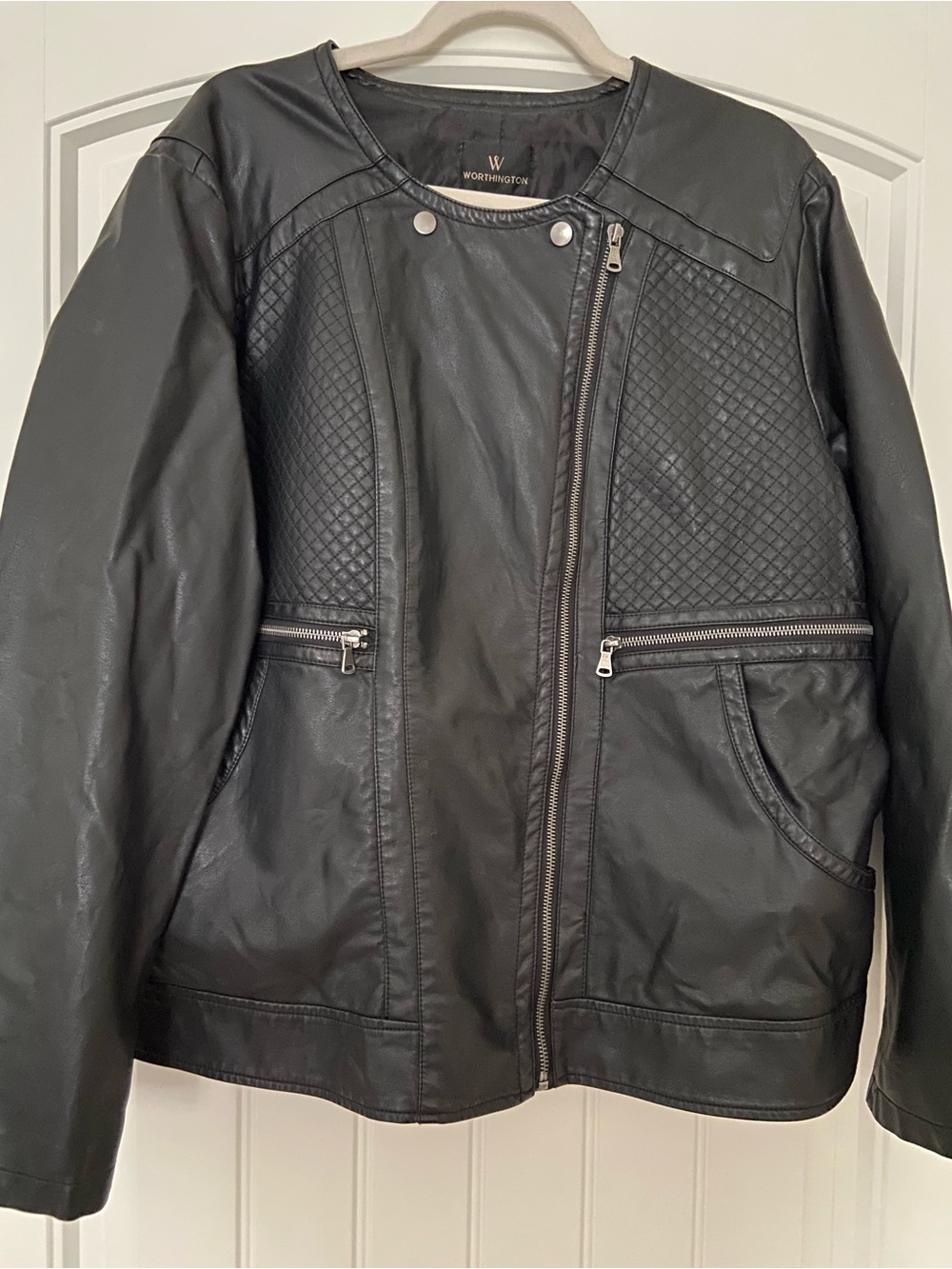 Worthington/JCPenny women's black faux leather collarless moto jacket Sz 2X
